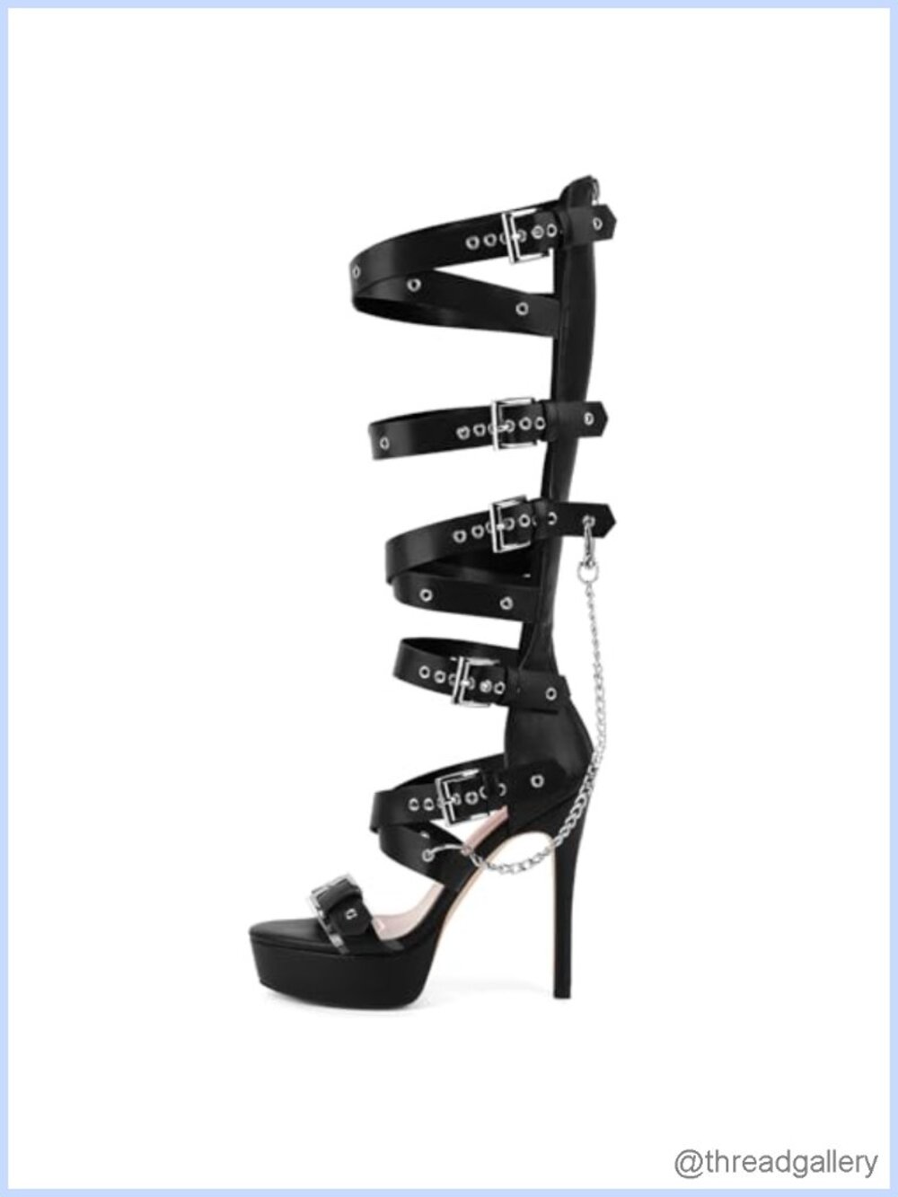 Knee High Gladiator Sandals with Eyelets Belt Strap Buckle and Chain Platform